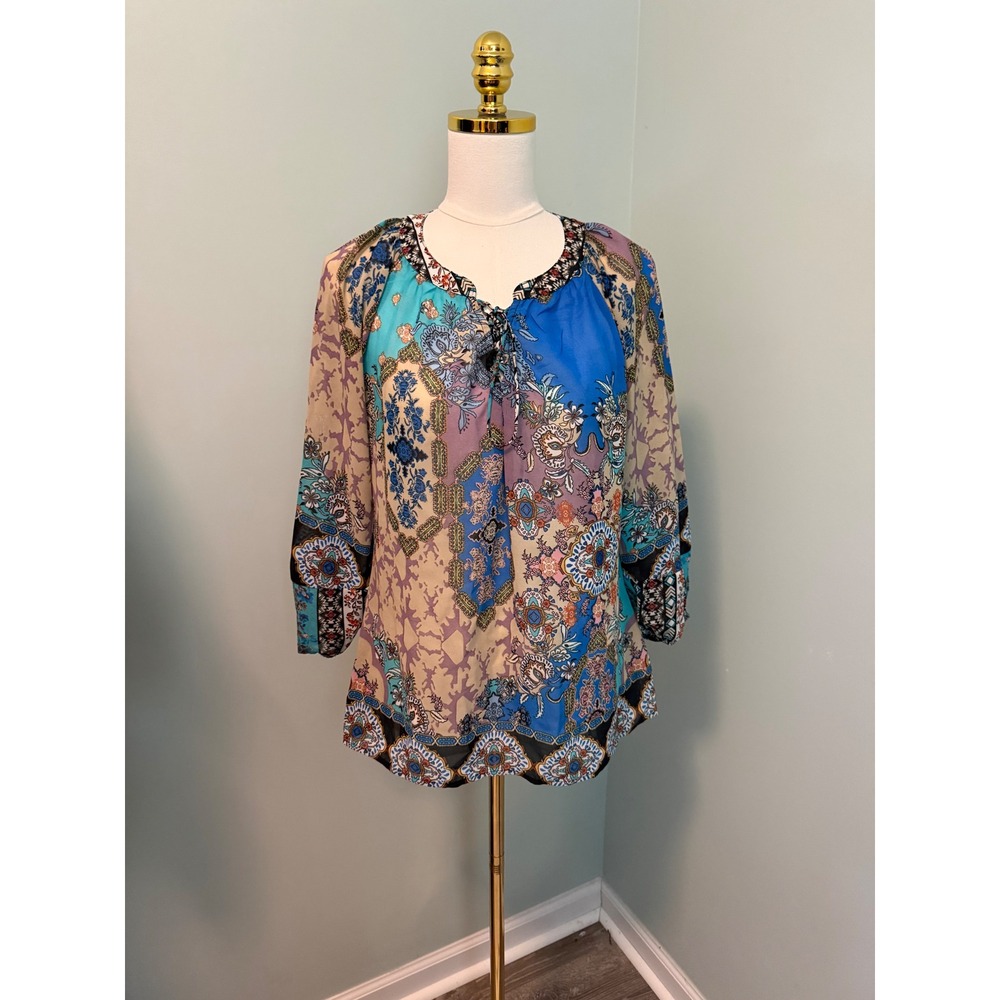 Fig & Flower Blue Purple Paisley Floral Mixed Print Tie Neck Blouse Size S